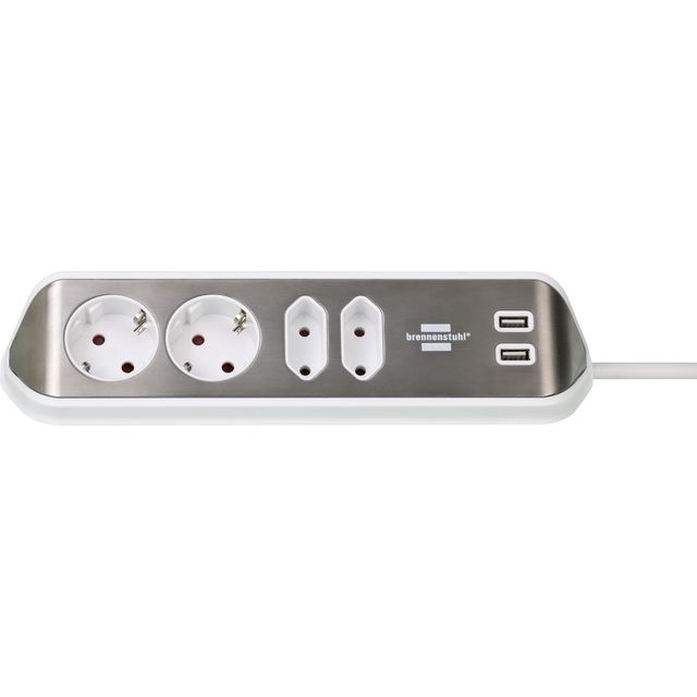 Brennerstuhl - Estilo Tischsteckdose 4-fach inklusive 2 USB 2 Meter weiß/silber