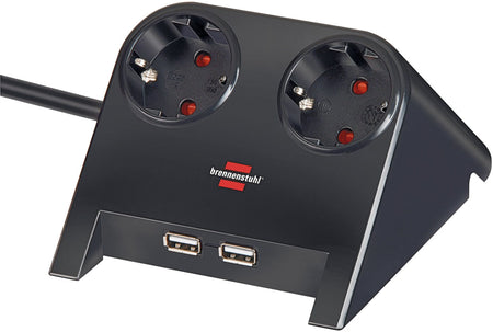 Brennerstuhl - Steckdosenleiste Schreibtisch 2-fach inklusive 2 USB 1,8 Meter schwarz