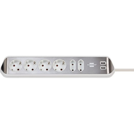 Brennerstuhl - Estilo Tischsteckdose 6-fach inklusive 2 USB 2m Meter weiß/silber | 6 Stück