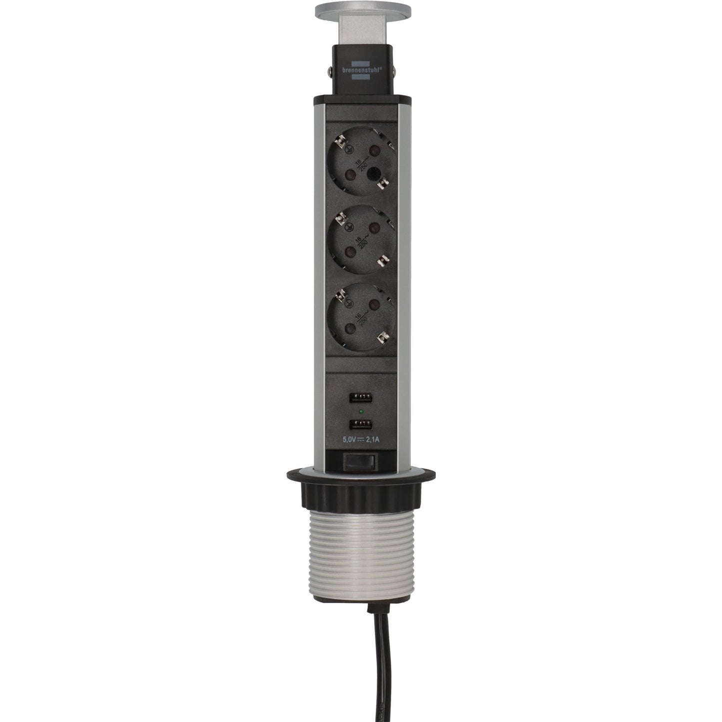 Brennerstuhl - Steckdosenleiste Tower 3-fach inkl. 2 USB 2 Meter schwarz/silber
