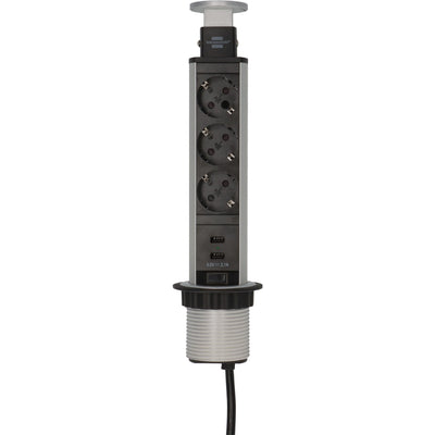 Brennerstuhl - Steckdosenleiste Tower 3-fach inkl. 2 USB 2 Meter schwarz/silber