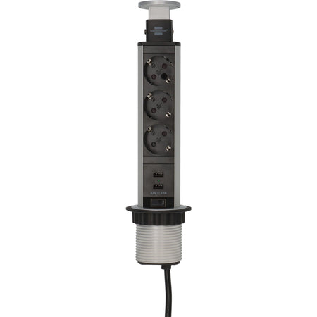 Brennerstuhl - Steckdosenleiste Tower 3-fach inkl. 2 USB 2 Meter schwarz/silber