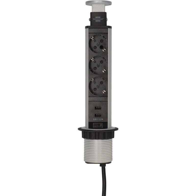 Brennerstuhl - Steckdosenleiste Tower 3-fach inkl. 2 USB 2 Meter schwarz/silber