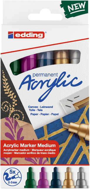 Acrylmarker Edding E-5100 Medium Set von 5 Farben Metallic | 8 Stücke
