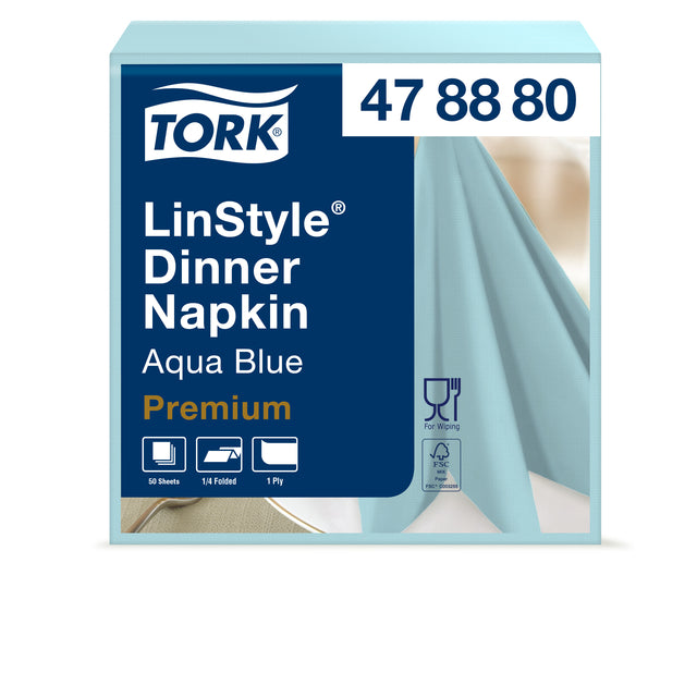 Tork - Abendessenserviette Linstyle 1/4 Falz 1-lagig 390x390mm 50 Blatt Aquablau 478880