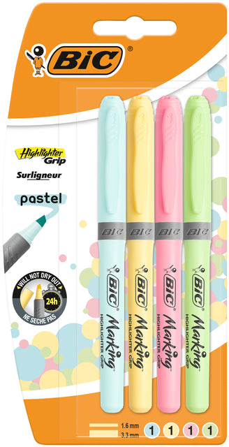 BIC – Textmarker Grip Pastell, sortiert, Blister mit 4 Stück