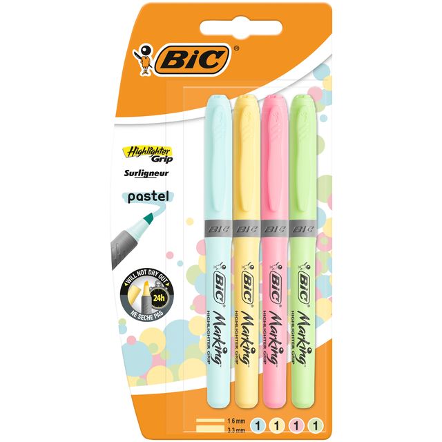 BIC – Textmarker Grip Pastell, sortiert, Blister mit 4 Stück