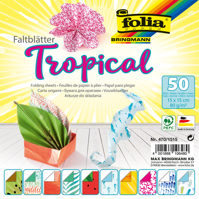 Folia Paper - Faltblätter Folia 80gr 15x15cm 50 Blatt 2-seitig 10 tropische Designs