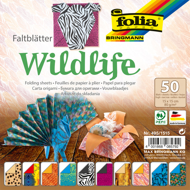 Folia Paper - Faltblätter Folia 80gr 15x15cm 50 Blatt 2-seitig 10 Wildtiermotive