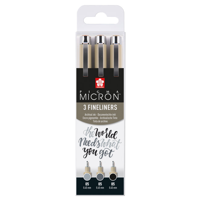 Sakura - Fineliner Pigma Micron 05 Set schwarz grau 3 Größen | 6 Stück