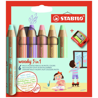 STABILO - Buntstifte 880 Woody inklusive Anspitzer Pastell sortiert, 6er-Packung