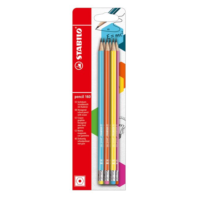 STABILO - Graphitstift 160 HB mit Radierspitze, sortierter Blister mit 6 Stück