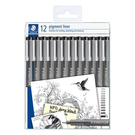 Staedtler - Fineliner Pigment 308 schwarz Set mit 12 Breiten | 10 Stück