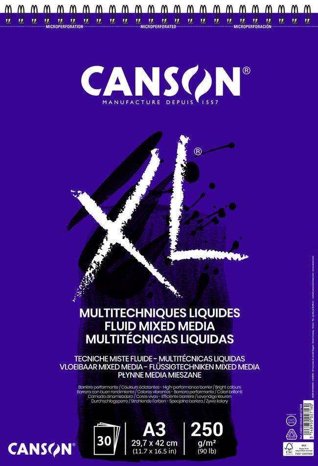 Canson - Mixed-Media-Papier XL Fluid Mixed Media 30 Blatt 250gr A3 extra weiß | 5 Stück