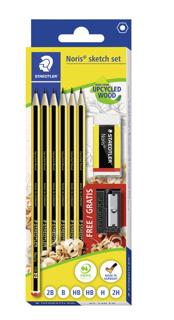 Noris - Bleistift HB, Blisterpackung mit 6 Stück, mit Radiergummi und gratis Anspitzer