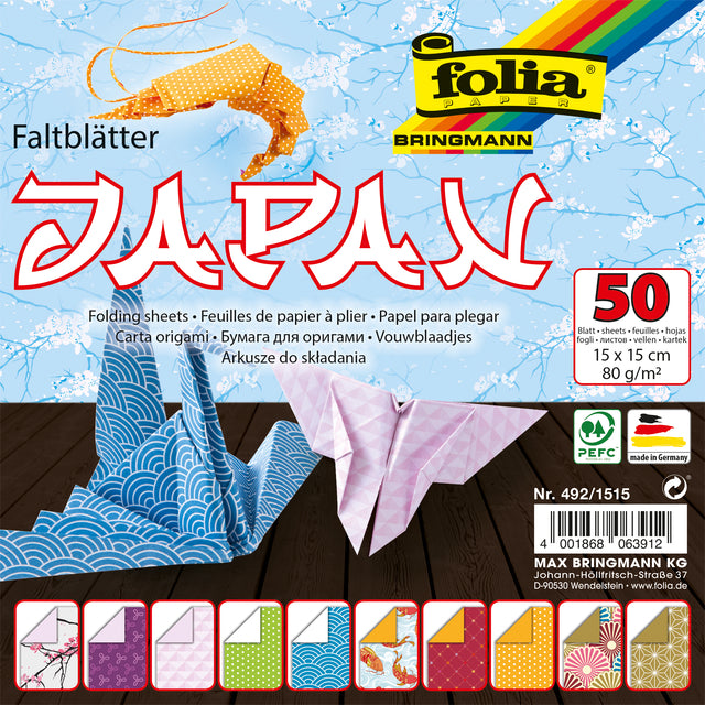Folia-Papier – Faltblätter Folia, 80 g, 15 x 15 cm, 50 Blatt, beidseitig, Japan, 10 Designs, verschiedene Farben