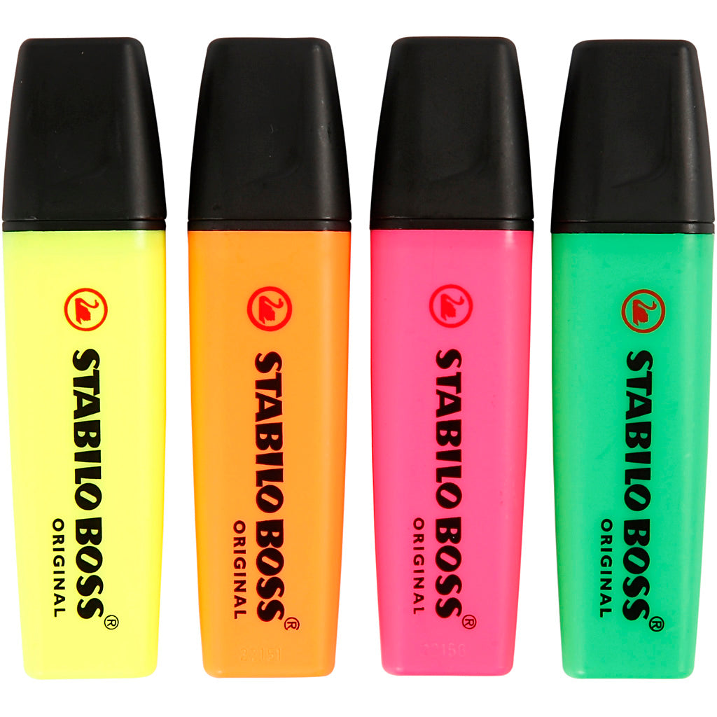 STABILO - BOSS ORIGINAL Textmarker, Karton mit 4 Stück in verschiedenen Farben