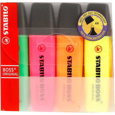 STABILO - BOSS ORIGINAL Textmarker, Karton mit 4 Stück in verschiedenen Farben