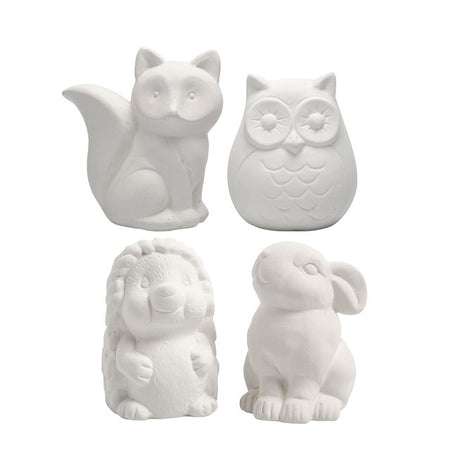 Creotime - Tierspardose Creativ Company Terrakotta 4 Stück Eule, Fuchs, Hase und Igel 9-10cm weiß