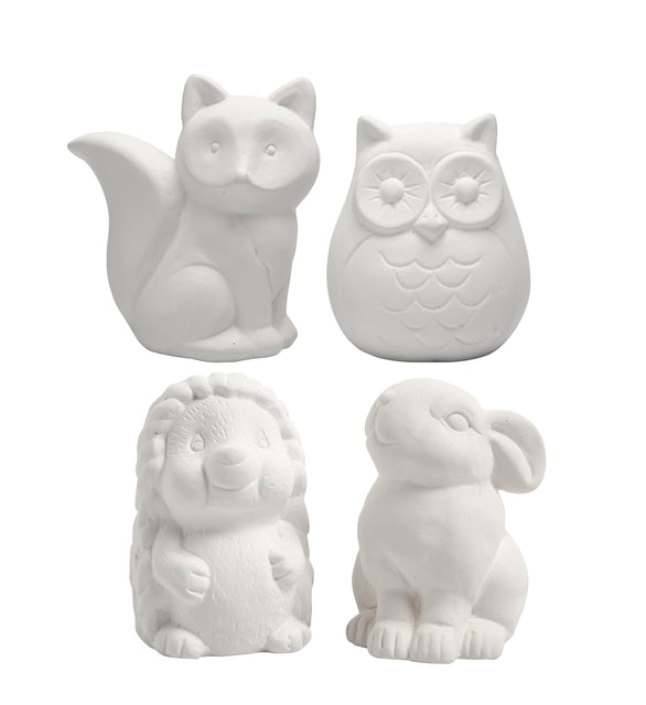 Creotime - Tierspardose Creativ Company Terrakotta 4 Stück Eule, Fuchs, Hase und Igel 9-10cm weiß