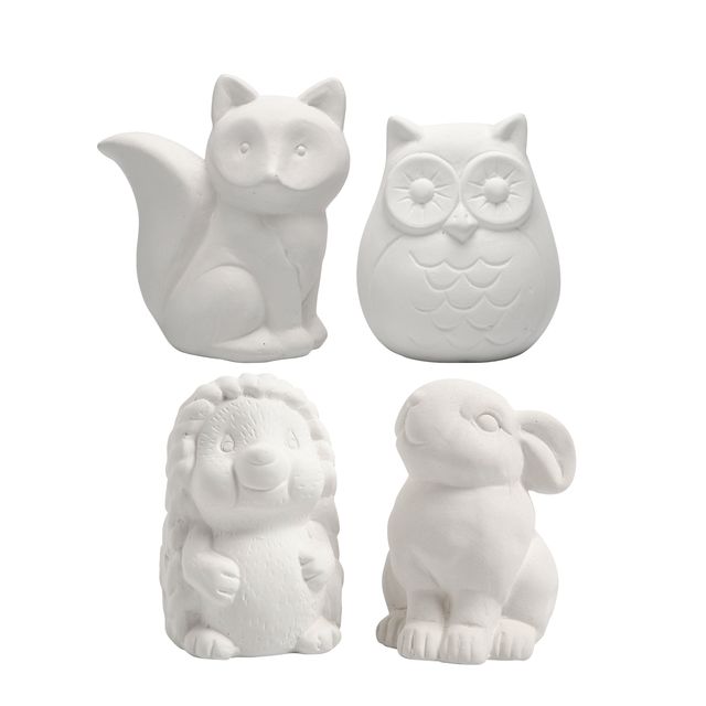 Creotime - Tierspardose Creativ Company Terrakotta 4 Stück Eule, Fuchs, Hase und Igel 9-10cm weiß