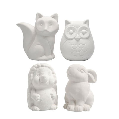Creotime - Tierspardose Creativ Company Terrakotta 4 Stück Eule, Fuchs, Hase und Igel 9-10cm weiß