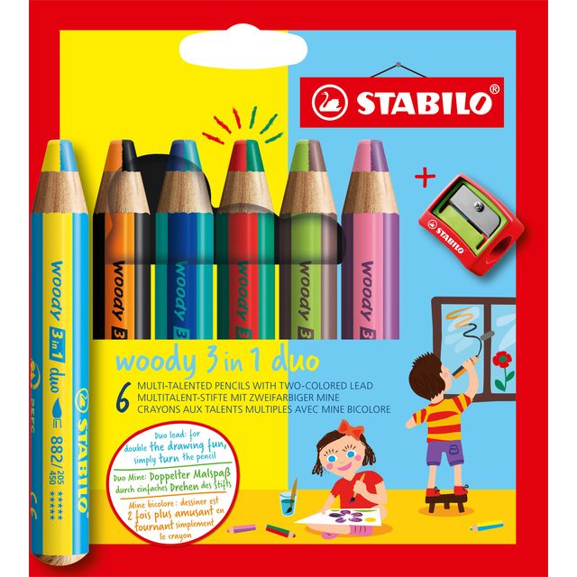 STABILO - Buntstifte 882 woody 3 in 1 Duo inklusive Bleistiftspitzer sortiertes Etui 6-teilig