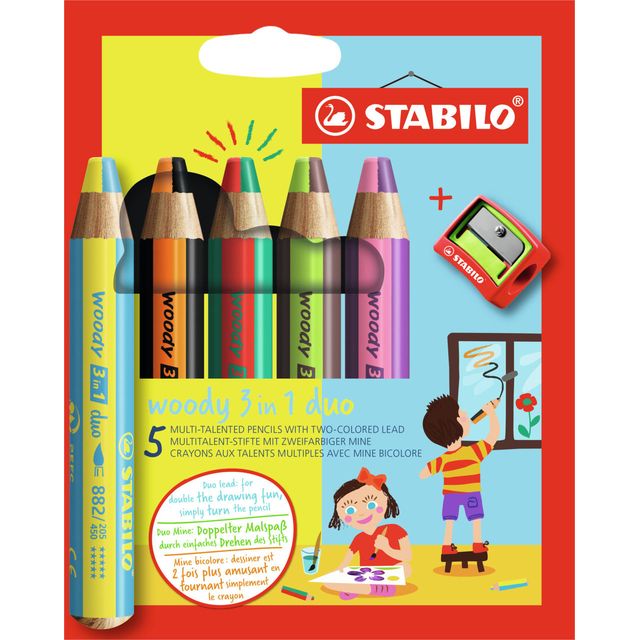 STABILO - Buntstifte 882 woody 3 in 1 Duo inklusive Bleistiftspitzer sortiertes Etui 5-teilig