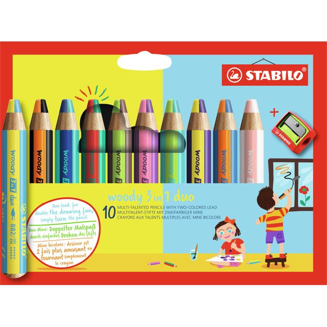 STABILO - Buntstifte 882 woody 3 in 1 Duo inklusive Bleistiftspitzer sortiert Etui 10 Stück