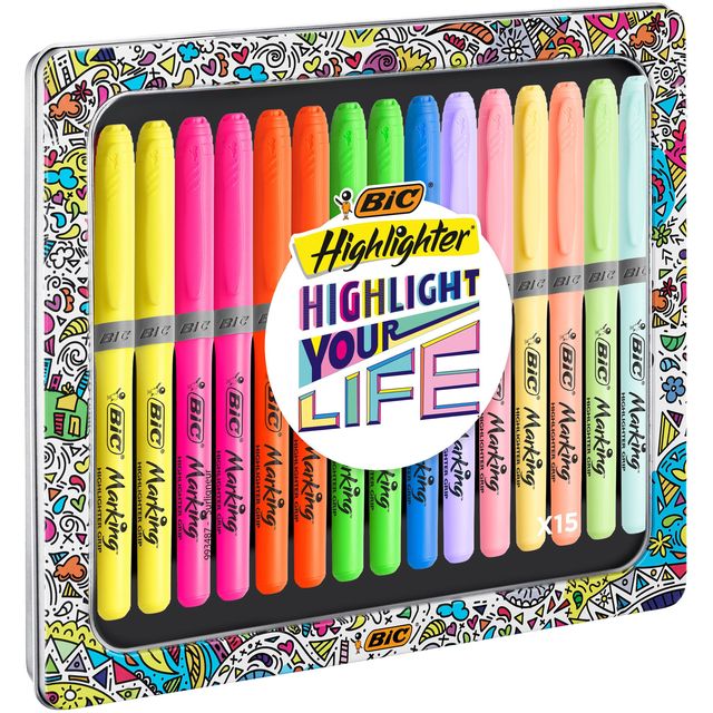 Bic - Highlighter grip Highlight your life sortierte Dose mit 15 Stück