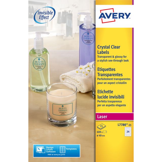 Avery - Etikett L7780-25 rund 40mm transparent 600 Etiketten | 5 Stück