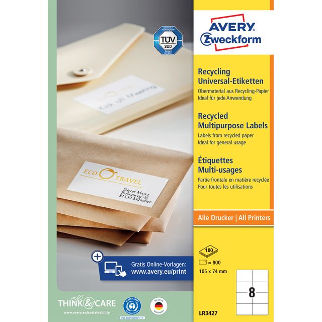 Avery Zweckform - Etikett Zweckform LR3427-100 105x74mm recycelt weiß 800 Stück
