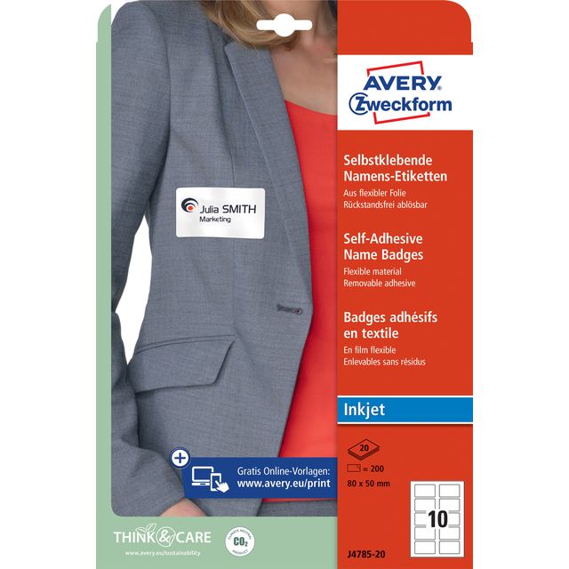 Avery Zweckform - Namensschild-Etikett Zweckform J4785-20 80x50mm weiß 200 Etiketten