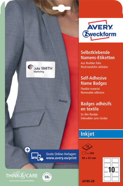 Avery Zweckform - Namensschild-Etikett Zweckform J4785-20 80x50mm weiß 200 Etiketten