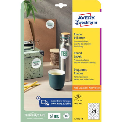 Avery Zweckform - Etikett Zweckform L3415-10 rund 40mm weiß 240 Stück
