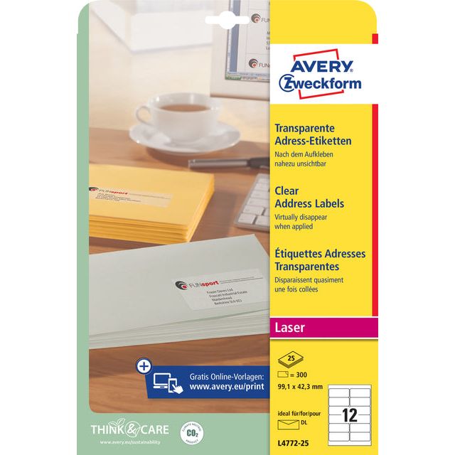 Avery - Transparente Etiketten QuickPeel ft 99,1 x 42,3 mm (b x h), 300 Teile, 12 pro Blatt