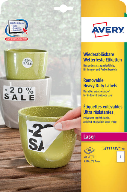 Etikett Avery L4775REV-20 210x297mm Weiß 20 Teile