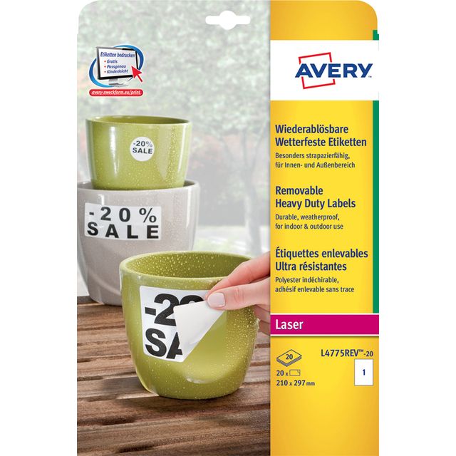 Avery - Etikett L4775REV-20 210x297mm weiß 20 Etiketten