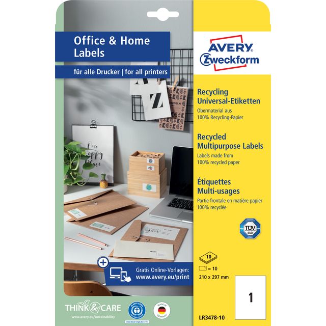 Avery Zweckform - Etiketten Zweckform LR3478-10 210x297mm recycelt weiß 10 Stück