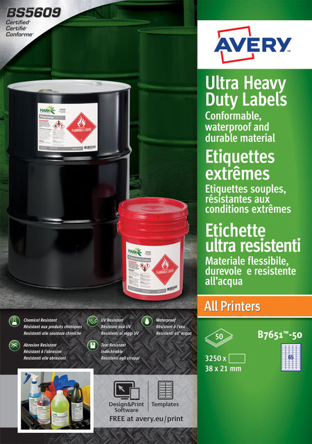 Avery - Label B7651-50 38x21mm Polyethylen weiß 3250 Etiketten | 5 Stück