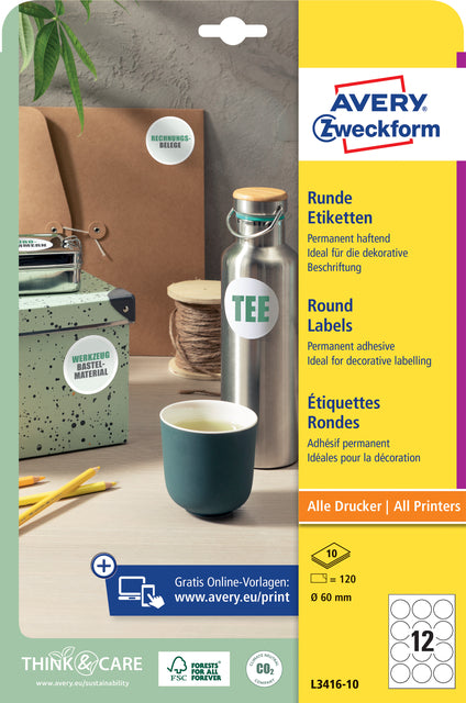 Avery Zweckform - Etikett Zweckform L3416-10 rund 60mm weiß 120 Stück