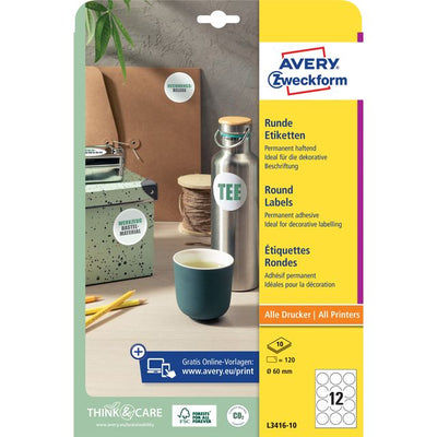 Avery Zweckform - Etikett Zweckform L3416-10 rund 60mm weiß 120 Stück