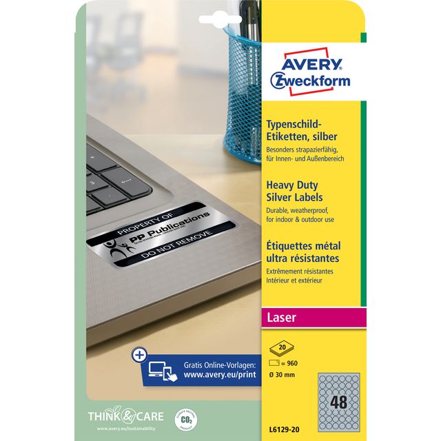 Avery Zweckform - Etikett Zweckform L6129-20 rund 30mm silber 960 Stück