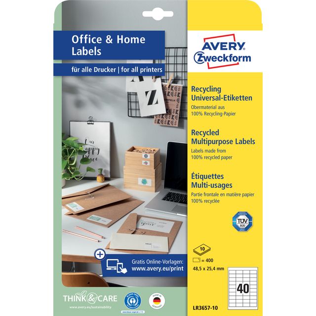 Avery Zweckform - Etikett Zweckform LR3657-10 48,5x25,4mm recycelt weiß 400 Stück