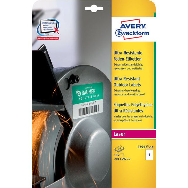 Avery - Ultra -resistente Etiketten für äußere FT 210 x 297 mm (B x H), 10 Etikettenbox