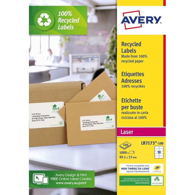Avery - Etikett LR7173-100 99,1 x 57 mm, recycelt, weiß, 1000 Etiketten