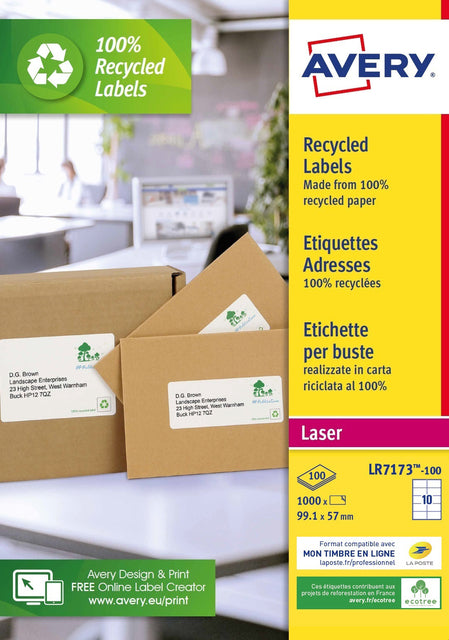 Etikett Avery LR7173-100 99,1 x 57 recyceltes Gewicht 1000 Stück | Karton mit 100 Blatt | 5 Stück