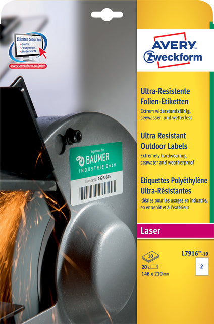 Etikett Avery Zweckform L7916-10 210x148 mm Polyethylen weiß 20 Teile