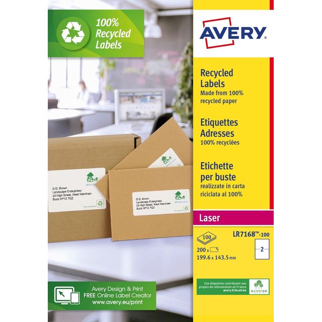 Avery - Etikett LR7168-100 199,6 x 143,5 mm recycelt weiß 200 Etiketten | 5 Stück