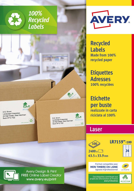 Etikett Avery LR7159 33,9 x 63,5 recyceltes Gewicht 2400 Stück | Karton mit 100 Blatt